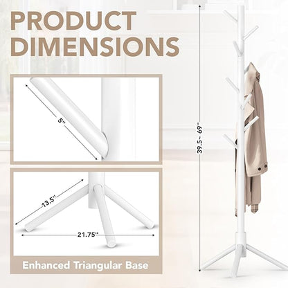 Hupmad Wooden Tree Coat Rack Stand,Sturdy Freestanding Coat Rack with 8 Hooks,3 Adjustable Height for Child Adult,Wood Coat Stand Tree Fits Entryway Bedroom Office for Bags,Hats, 2 Pack