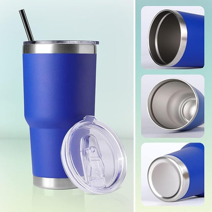 DOMICARE 30oz Tumbler Bulk with Lid and Straw, Double Wall Travel Coffee Mug, Insulated Vacuum Stainless Steel Tumblers, Powder Coated Tumbler Cup (Dark Blue, 8)