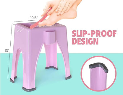 Skywin Extra Tall Shower Foot Rest with 3 Pockets to Hold Shaving Essentials 10 x 7.8 x 13 Inches - Extra Heighted Plastic Pedicure Foot Rest - Shower Stool for Shaving Legs (Pink)