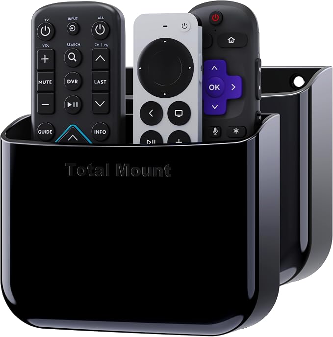 TotalMount Hole-Free Remote Holders – Eliminate Need to Drill Holes in Your Wall (for 2 or 3 Remote Controls – Black – Quantity 2)