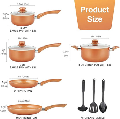 M MELENTA Pots and Pans Set Ultra Nonstick, Pre-Installed 11pcs Cookware Set Copper with Ceramic Coating, Stay cool handle & Nylon Kitchen Utensils, Gas/Induction Compatible, 100% PFOA Free