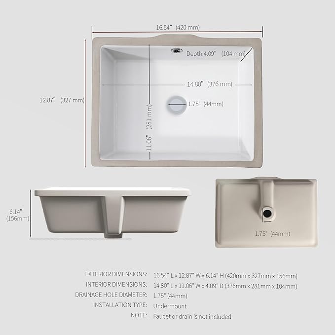 17-Inch Undermount Bathroom Sink, White Ceramic Rectangular Vanity Sink with Overflow, Modern Under Counter Lavatory Basin for Bathroom Vanity, UB-06