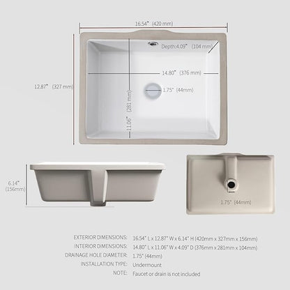 17-Inch Undermount Bathroom Sink, White Ceramic Rectangular Vanity Sink with Overflow, Modern Under Counter Lavatory Basin for Bathroom Vanity, UB-06
