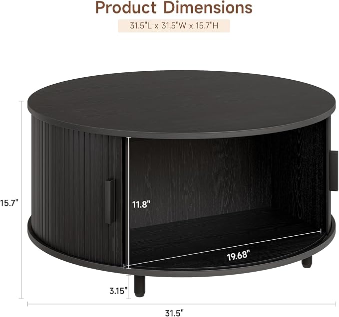 ONBRILL Round Coffee Table with Storage, 31.5" Modern Coffee Table with 360° Curved Sliding Door, Fluted Wood Accent Coffee Table with Adjustable Footpads, Round Center Table for Living Room, Black