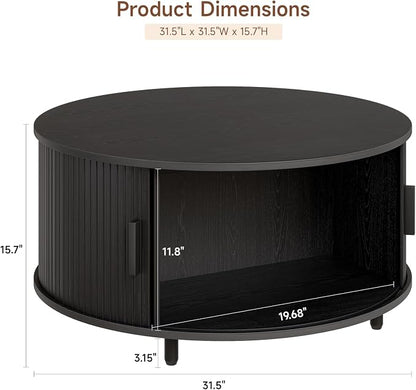 ONBRILL Round Coffee Table with Storage, 31.5" Modern Coffee Table with 360° Curved Sliding Door, Fluted Wood Accent Coffee Table with Adjustable Footpads, Round Center Table for Living Room, Black