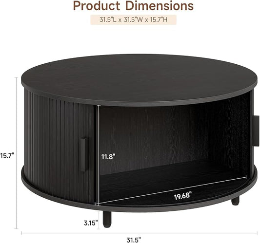 ONBRILL Round Coffee Table with Storage, 31.5" Modern Coffee Table with 360° Curved Sliding Door, Fluted Wood Accent Coffee Table with Adjustable Footpads, Round Center Table for Living Room, Black