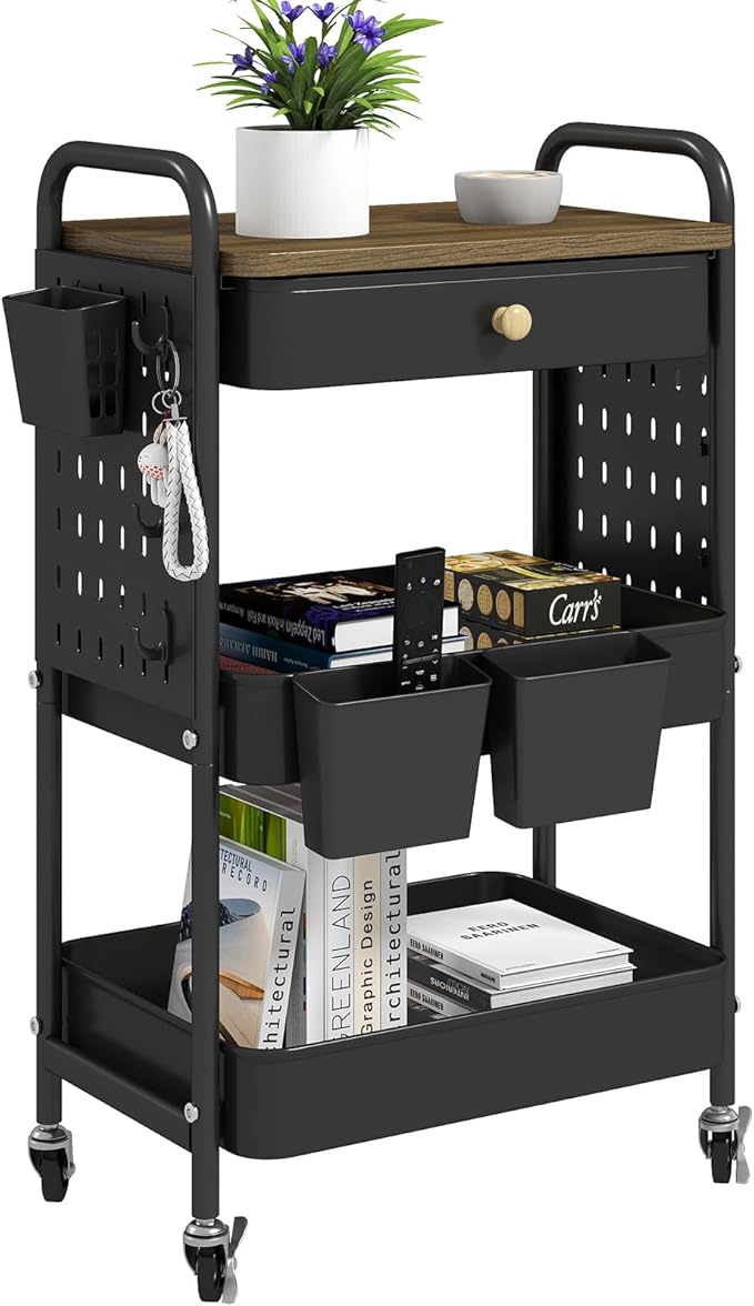 danpinera 3-Tier Rolling Cart, Metal Rolling Storage Cart with Wooden Table Top & DIY Pegboards, Storage Cart with Wheels, Hooks & Hanging Cups, Storage Organizer Cart Craft Art Cart, Black