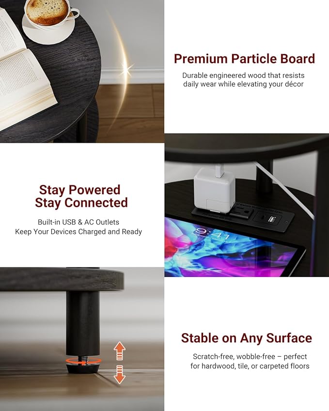 XBurmo Small Round End Table - 3 Tier Design Accent Table, Narrow Side or Bedside Stand, Industrial Vintage Table for Small Spaces, Built-in USB Ports and Power Outlet, Charcoal Wenge