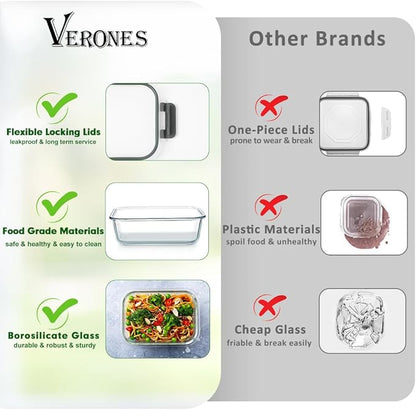 VERONES 12 Packs Glass Food Storage Containers Set, Airtight Glass Lunch Containers, Glass Meal Prep Containers with Lids,Exclusive of BPA, for Microwave, Oven, Freezer & Dishwasher Friendly,Red