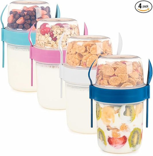 4 Pack Breakfast 22 oz On The Go Cups with Lids and Spoon, Reusable Cereal Yogurt Cup with Topping Plastic Overnight Oats Container for Granola Oatmeal (22 oz - 4 Pack)