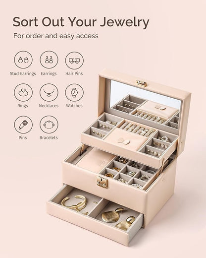 CASEGRACE Jewelry Organizer Box,3 Layers Leather Jewelry Storage Case with Portable Jewelry Case, Removable Jewelry Tray, Home and Travels Storage,Gift for Women (pink)