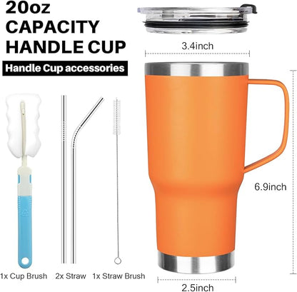 20 oz Tumbler with Handle, Stainless Steel Insulated Tumbler with Lid and Straw, Double Wall Vacuum Coffee Mug Tumbler, Insulated Coffee Thermal Cup for Cold and Hot (Orange, 20 Ounces)