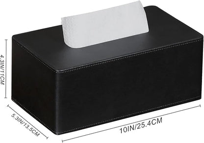 GOLRANLYE Tissue Box Cover Rectangular 9.8"(L) x 5.3"(W) x 4.3"(H) Refined Modern PU Leather Facial Tissue Dispenser Box Holder for Dresser Bathroom Decorative (Black)