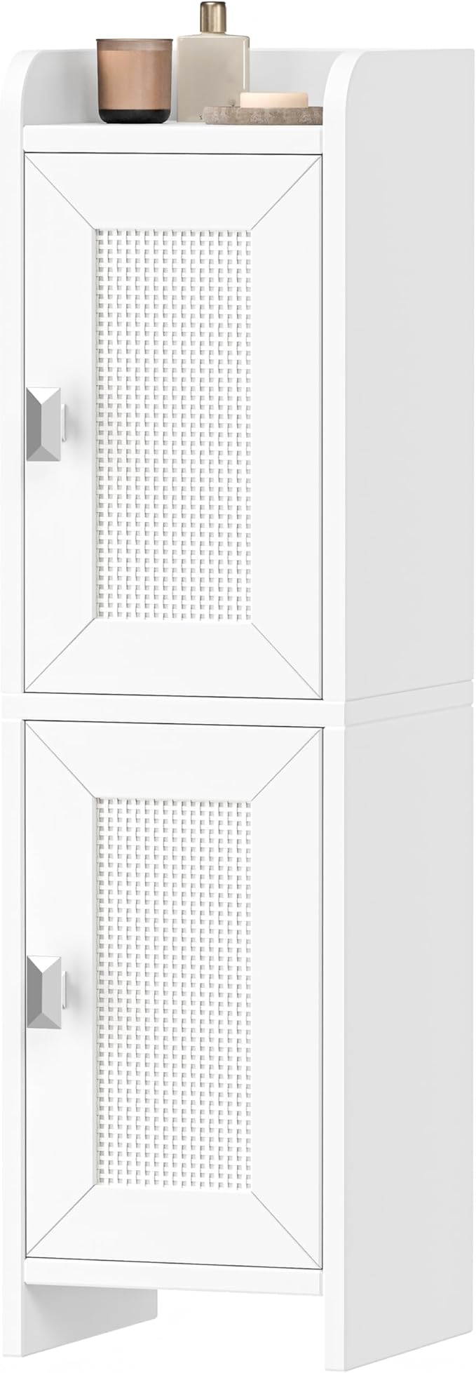 Akxomel Rattan Small Bathroom Cabinet with 2 Doors, 7.9''D x 7.9''W Narrow Toilet Paper Storage Cabinet, Bathroom Organizer for Small Spaces, Slim Corner Unit with Adjustable Shelf, White Rattan