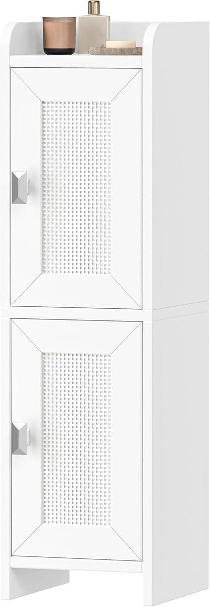 Akxomel Rattan Small Bathroom Cabinet with 2 Doors, 7.9''D x 7.9''W Narrow Toilet Paper Storage Cabinet, Bathroom Organizer for Small Spaces, Slim Corner Unit with Adjustable Shelf, White Rattan