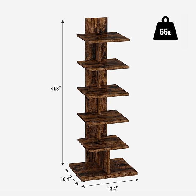TUTOTAK Narrow Bookshelf, 6-Tier Bookcase, Spine Book Shelf for Small Space, Corner Standing Shelf for Living Room, Office, Study, Entryway, Rustic Brown BS06BB016