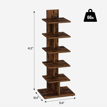 TUTOTAK Narrow Bookshelf, 6-Tier Bookcase, Spine Book Shelf for Small Space, Corner Standing Shelf for Living Room, Office, Study, Entryway, Rustic Brown BS06BB016