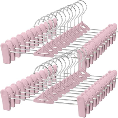 Skirt & Pant Hangers for Women Kid - 30 Pack Pink Space Saving Stackable Skirts Hangers with Clips - Non-Slip, Adjustable for Men, Children, Baby