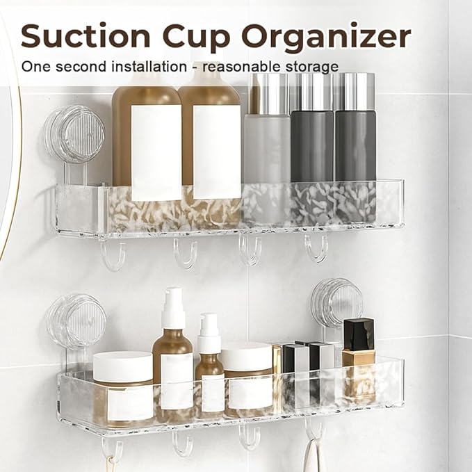 Corrugated Suction Cup Storage Holder, 2026 New Movable Shower Shelf Suction Cup,Shower Caddy Large Capacity Bathroom Organizer,No-Drill Wall-Mounted Storage Shelf (Clear)