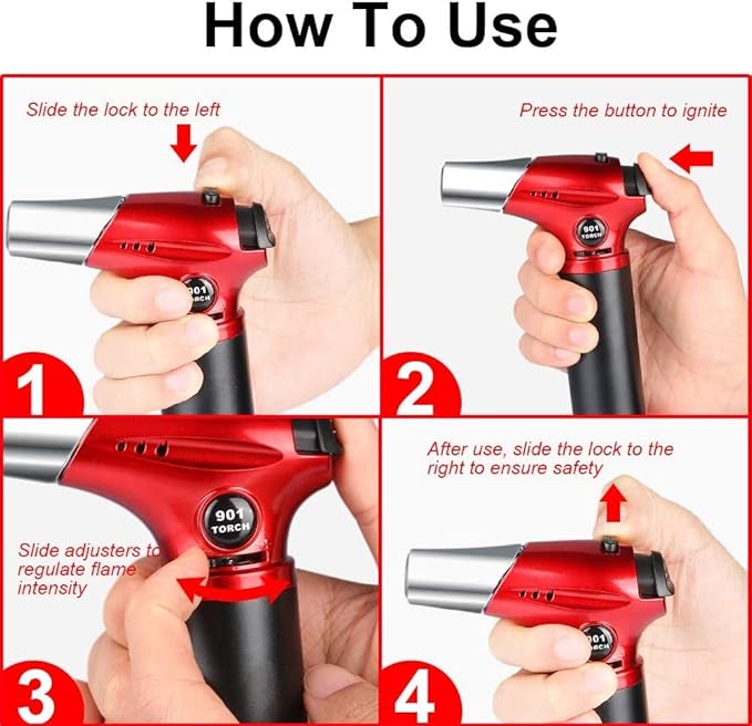 Blow Torch, Home-Grade Kitchen Cooking Torch with Lock Adjustable Flame Refillable Mini Blow Torch Lighter for BBQ, Baking, Brulee Creme,Light Cooking Tasks,DIY Soldering (Butane Gas Excluded)