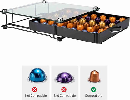 ZCDCP Coffee Pod Holder, Crystal Tempered Glass Nepresso Original Pod Drawer, Black Nespresso Originaline Pod Storage Organizer, 42 Pods
