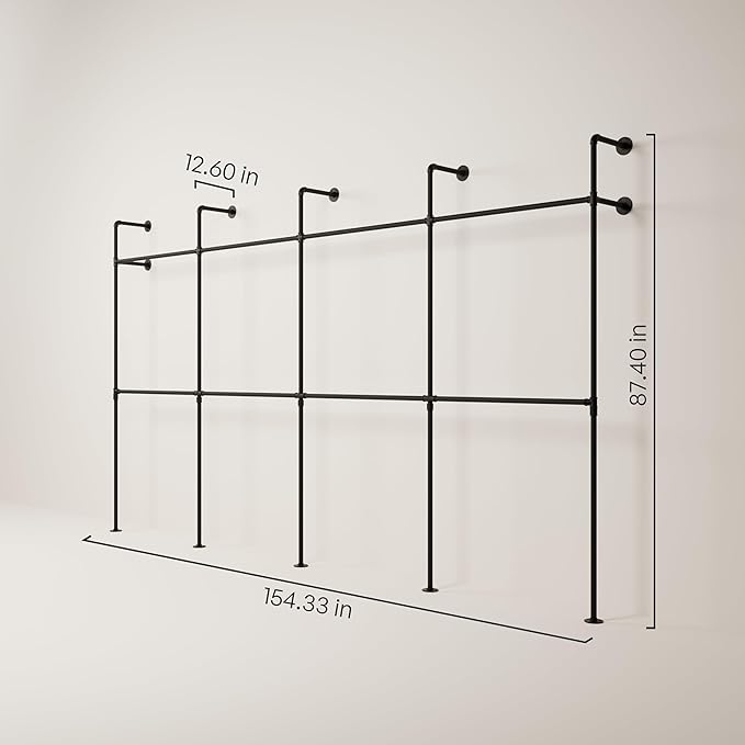 pamo Industrial Pipe Clothing Rack – Wall Mounted Black Closet System in Powder-Coated Steel – 154.33" W × 87.4" H – Easy Setup – Ideal for Walk-In Closets & Retail Use