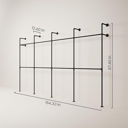 pamo Industrial Pipe Clothing Rack – Wall Mounted Black Closet System in Powder-Coated Steel – 154.33" W × 87.4" H – Easy Setup – Ideal for Walk-In Closets & Retail Use