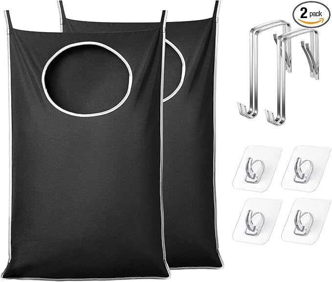 KEEPJOY XL 2-Pack Door Hanging Laundry Hamper, Size 36.5X22.5 Inch Door Hamper Bag with Large Opening and Sturdy Hooks for All Family Laundry Storage bag (Black-2Pack)