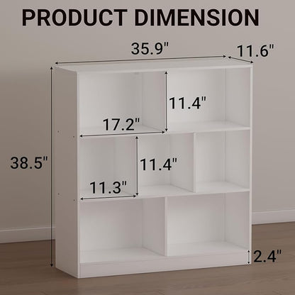 7-Cube Wooden Bookshelf with Base,3-Tier Freestanding Open Storage Organizer,Multi-Functional Bookcase for Living Room,Bedroom,Study and Office (White, 7-Cube)