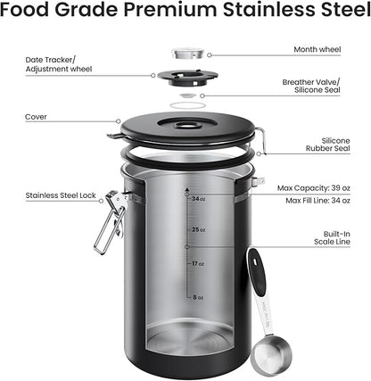 Veken Coffee Canister, 39OZ Large Christmas Coffee Lovers Gift Basket Set,Airtight Stainless Steel Food Storage Kitchen Container Gifts for 2.2lbs Beans, Ground, Sugar, Tea, Flour, Cereal, Scoop,Black