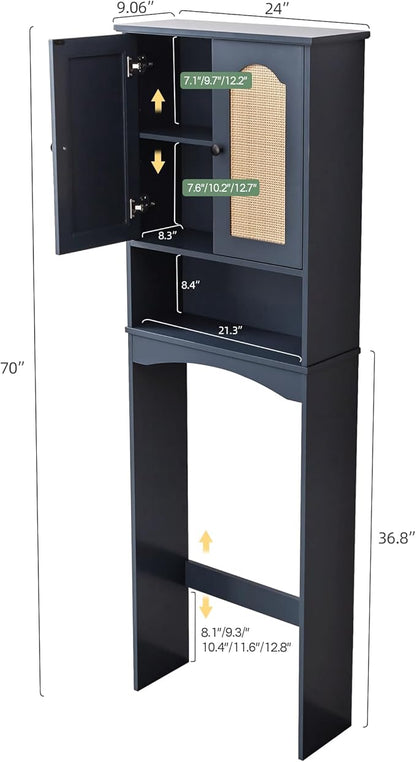 Over The Toilet Storage Cabinet, Above Toilet Organizer with 2 Rattan Doors, Modern Blue Finish, 24x70 inch Space Saving Freestanding Bathroom Cabinet