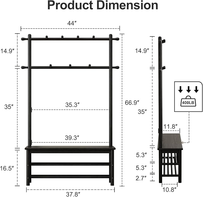 AQIMUELE Coat Rack with Shoe Storage, Wooden Hall Tree with Bench, 11 Hooks and 2-Tier Storage Shelves, 3-in-1, Entryway Bench with Coat Rack (39.3"-Black)