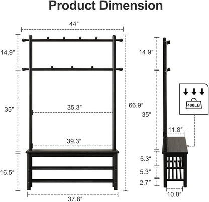 AQIMUELE Coat Rack with Shoe Storage, Wooden Hall Tree with Bench, 11 Hooks and 2-Tier Storage Shelves, 3-in-1, Entryway Bench with Coat Rack (39.3"-Black)