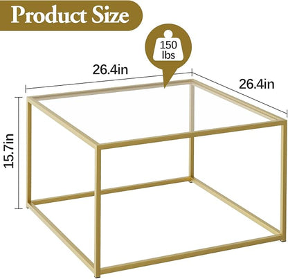 Glass Coffee Table, Small Square Coffee Table for Living Room,Simple Modern Center Tables for Small Spaces, Gold Living Room Tea Tables Easy Assembly,26 * 26in（Gold & Clear Glass）