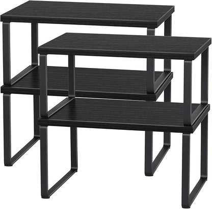 CADUKE Set of 4 Kitchen Counter Shelves Stackable Shelf Organizer Wood Countertop Shelves Expandable Cabinet Shelf Organizers Countertop Storage Rack for Pantry, Industrial Black