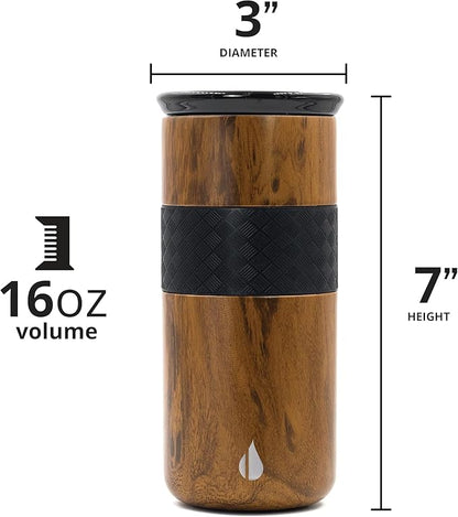 Elemental Artisan Insulated Tumbler, Triple Wall Coffee Travel Mug, Reusable Stainless Steel Coffee Tumbler with Ceramic Lid, Thermal Coffee Cups for Hot (6 Hrs) & Cold (18 Hrs), 16oz - Teakwood