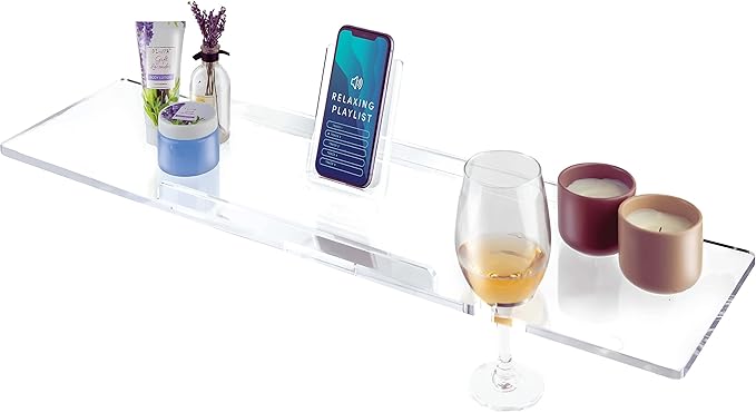 30" Supreme- Clear Bathtub Tray Caddy Tub Shelf - Spa Board Luxury Bathroom Bath tub Table - Acrylic Tub Caddy Fits Across Bathtubs - Book Rack, iPad and Wine Glass Holder