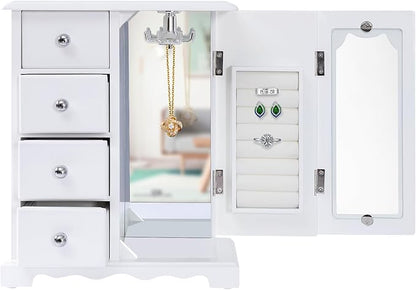 Jewelry Box for Women, 4 Layer Jewelry Holder Organizers Large Jewelry Storage Case with Mirror ,Double Doors, Ring Necklace Carousel, for Necklaces Earrings Rings Bracelets Christmas New Year Gifts