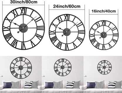 Antique Tower 24 inch Large Roman Numeral Wall Clock, Indoor Outdoor Patio Waterproof Oversized Decorative Contemporary Clock, Antique Black Metal Wall Clock Battery Operated Retro Art Hanging Clock,2