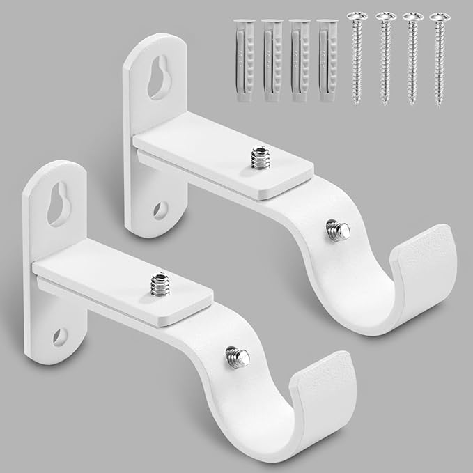 Adjustable Curtain Rod Brackets, Metal Window Drapery Rod Hanger Holders Hooks for 1 inch Rods (White, Set of 2)