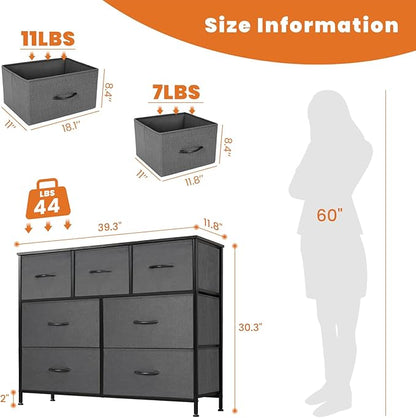 Sweetcrispy 7 Drawer Dresser Storage Organizer with Fabric Bins, Sturdy Steel Frame and Wood Top, Easy Pull Handles, for Bedroom Closet Hallway Entryway,Grey