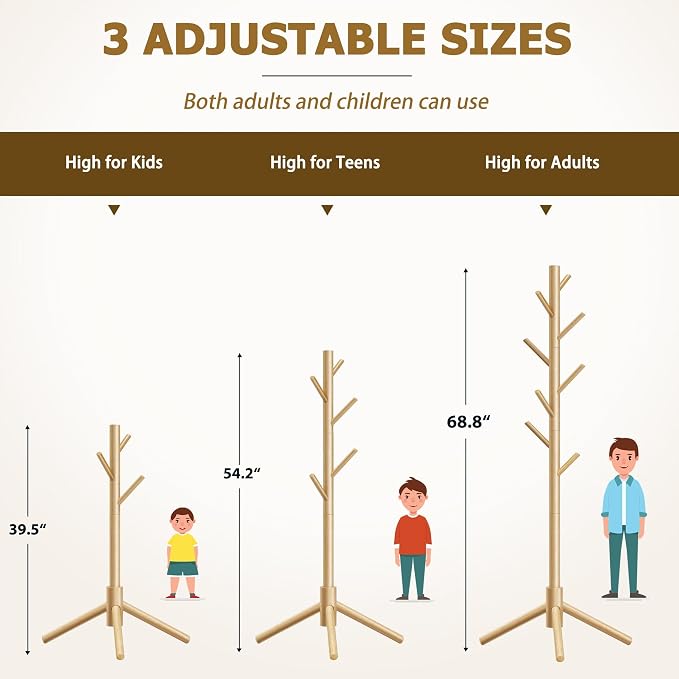 Coat Rack, Coat Racks Freestanding with 8 Hooks 3 Adjustable Heights for Clothes, Hats, Handbags, Coat Tree Easy Assembly for Entryway, Bedroom, Hallway, Office(Nature 2PCS)