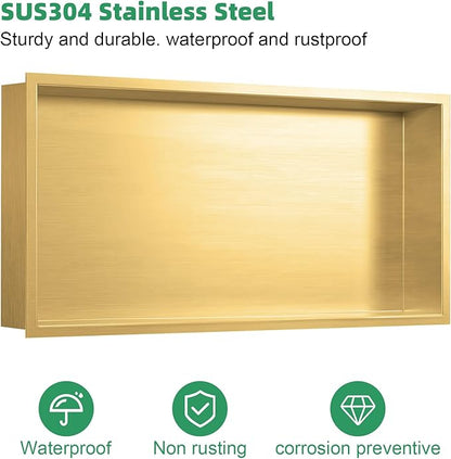 SaniteModar Shower Niche, Stainless Steel Shower Niche 12" X 24" No Tile Needed, Recessed for Bathroom Storage, Brushed Gold (Brushed Gold, 12x24)