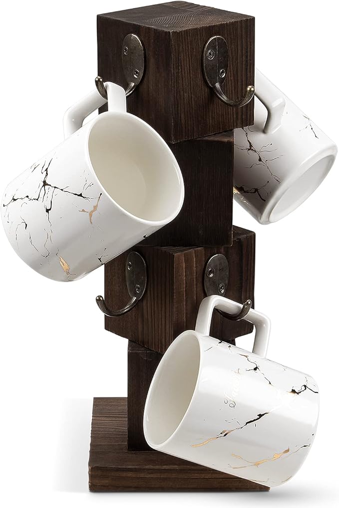 PUERSI Coffee Mug Holder for Counter, Rustic Solid Wood Mug Tree, Farmhouse Wooden Coffee Cup Rack with 8 Hooks (Rustic Brown)