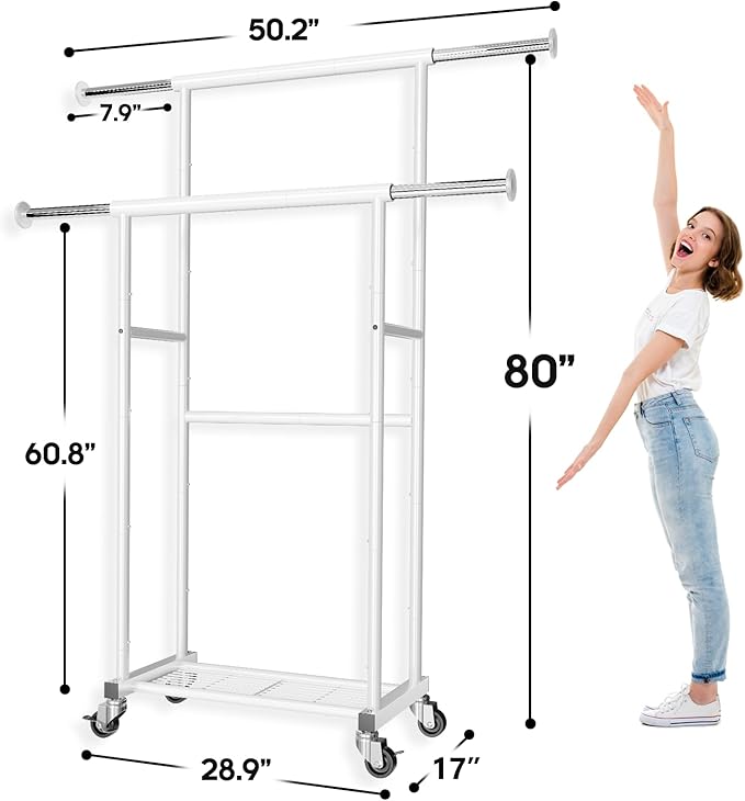 SUFAUY Double Rod 80" Tall Rolling Clothing Garment Rack for Hanging Dresses Clothes, with Caseter Wheels & Adjustable Rod & Shelves, White