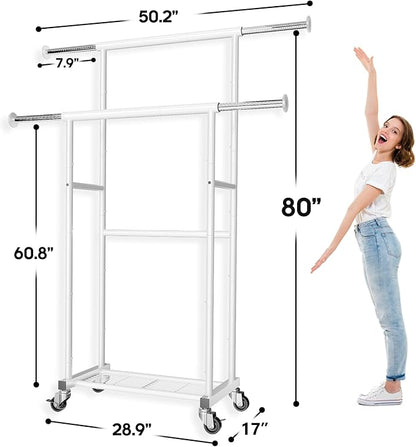 SUFAUY Double Rod 80" Tall Rolling Clothing Garment Rack for Hanging Dresses Clothes, with Caseter Wheels & Adjustable Rod & Shelves, White