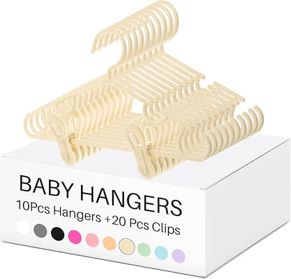 Hsei 5/10/40 Pack Baby Hangers with 10/20/80 Clips, Plastic Kids Pants Hangers for Nursery Closet Top and Bottom Clothes Hanger Set for Newborn Infant Toddler(30 Packs Total,Yellow,10.6 Inch)