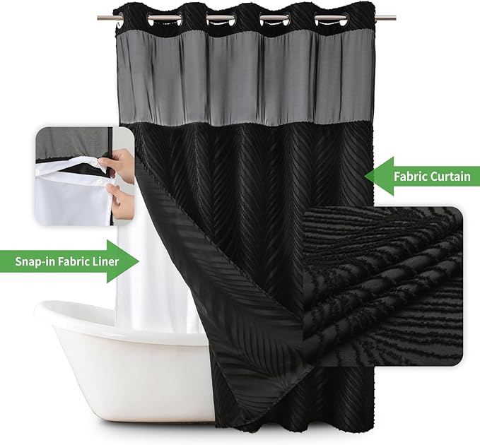 no Hook Shower Curtain and Liner Set，Boho Style with See Through Top Window, Black Fabric Tufted Striped Textured Outer Curtain & Waterproof Inner Liner, DarkBlack, 71Wx77H