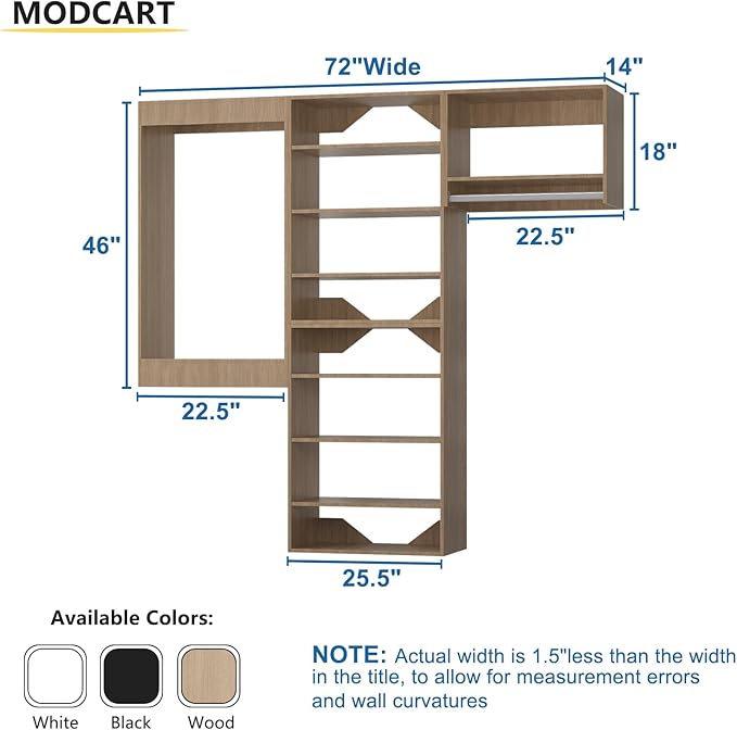 Modular Closet System, 72" Wide Closet Organizer System with Towers and Hanging, Wood Closet Tower Storage for Walk In Closets, Wall Mounted Wardrobe Organizer Kit System, Bedroom, Wood