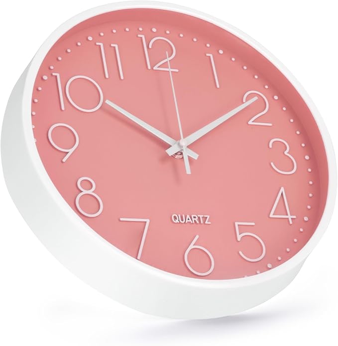 Wall Clock Non-Ticking Silent Modern Simple Style Round Decor Clock Stereoscopic Dial Quartz Wall Clocks for Home/Office/School/Living Room/Bedroom/Kitchen (Peach Pink, 12inch)